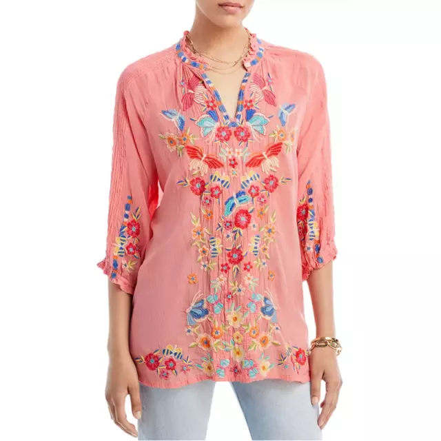 Johnny Was Leona Embroidered Tunic Top Coral Pink Floral Butterflies Pintucked S