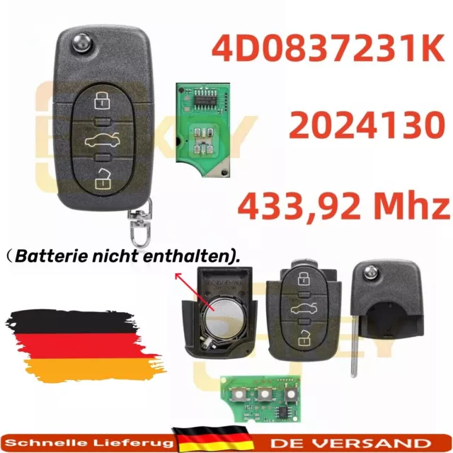 Passend Für AUDI A6 A8 433,92MHZ 3 Tasten Fernbedienung Schlüssel 4D0837231K DE