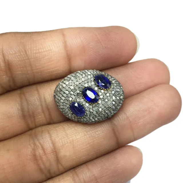 Natural Sapphire Pave Diamond Nugget Beads 925 Sterling Silver Making Jewelry