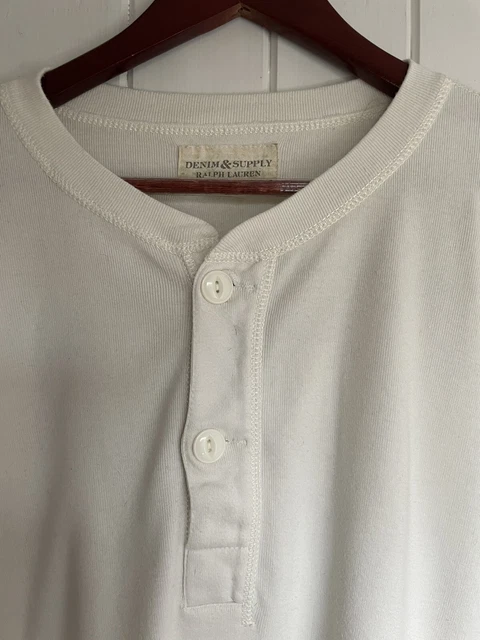 Polo Vintage Usata Ralph Lauren Rrl Fornitura Henley Maglietta Xxl 27 Ptop Ecru