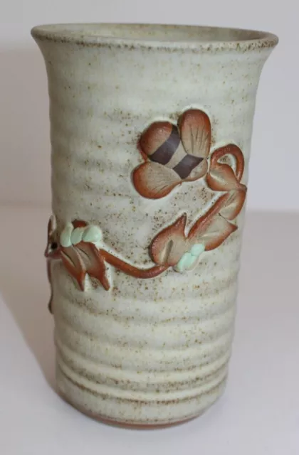 Pretty Stapleton House Brown Studio Pottery Vase / Pot 3D Floral & Bee Design. 2