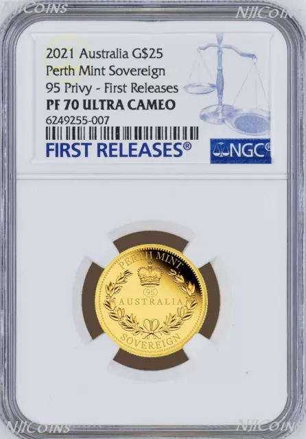2021 Australia 95 privy mark Sovereign 1/4 oz GOLD $25 coin NGC PF70 FR w/ OGP