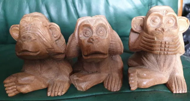 Wooden Hand Carved set of 3 wise monkeys  - see no hear no speak no evil 12cm