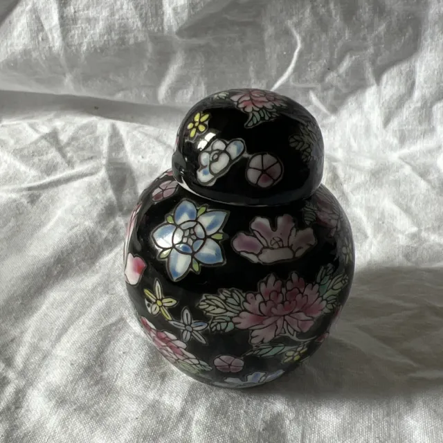 Chinese Porcelain Small Lidded Black Ginger Jar Pot Hand-Painted Flower Design 2