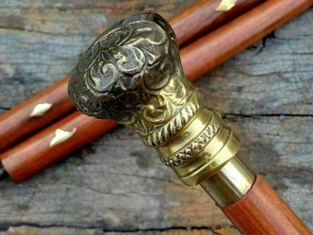 Canne De Marche Victorienne En Bois - Poignée Laiton - Vintage 3 Sections - Fabriquée En Inde