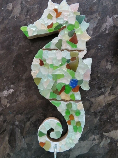 Genuine SEA GLASS Mosaic SEAHORSE Wall Decor Hook Towel Jewelry Keys Hand Made