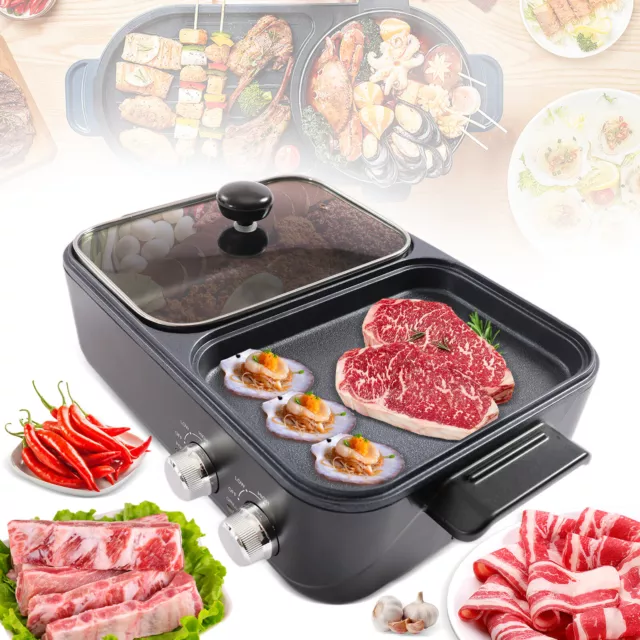 Portable Electric 2 in 1 Hot Pot Barbecue Grill Non-Stick Teppanyaki Pan Cooker