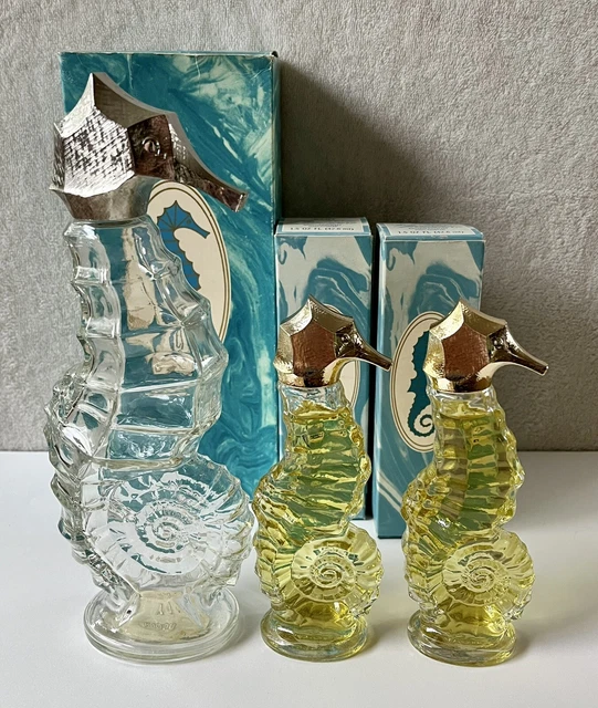 Lot of 3 Vtg 70s Avon Sea Horse Glass Perfume Cologne Bottles 9 inch & 6 In Box