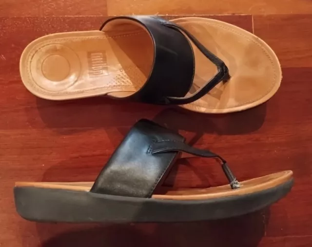 FITFLOP Women's Black Leather "LULU" Thong Slim Wedge Sandals Shoes Size: 6M