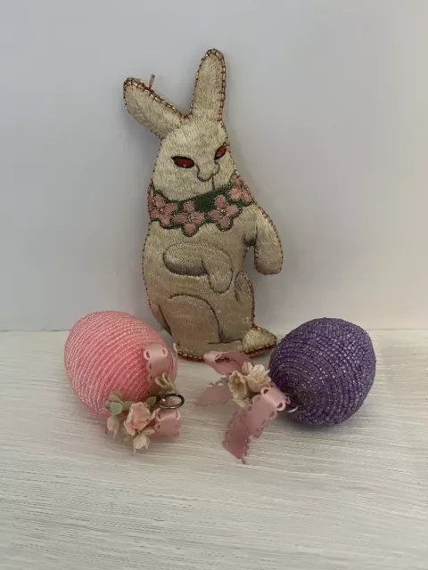 Vintage Easter Rabbit And Decorated Egg Oranaments Lot Of 3