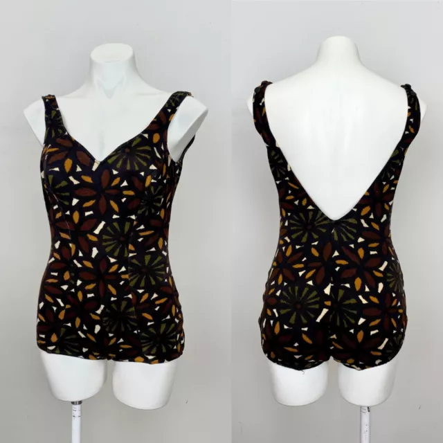 Rare Vintage 1950s Rose Marie Reid Cotton Bathing Suit Black Brown Green Orange