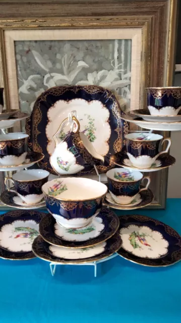 Crown Staffordshire China 21  Piece Tea Service - Bird of Paradise / Cobalt Blue