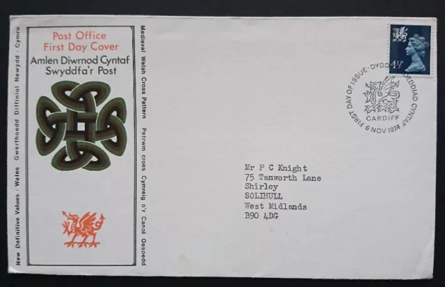 Wales 6th November, 1974 FDC with Insert. 4½p definitive, Cardiff Handstamp