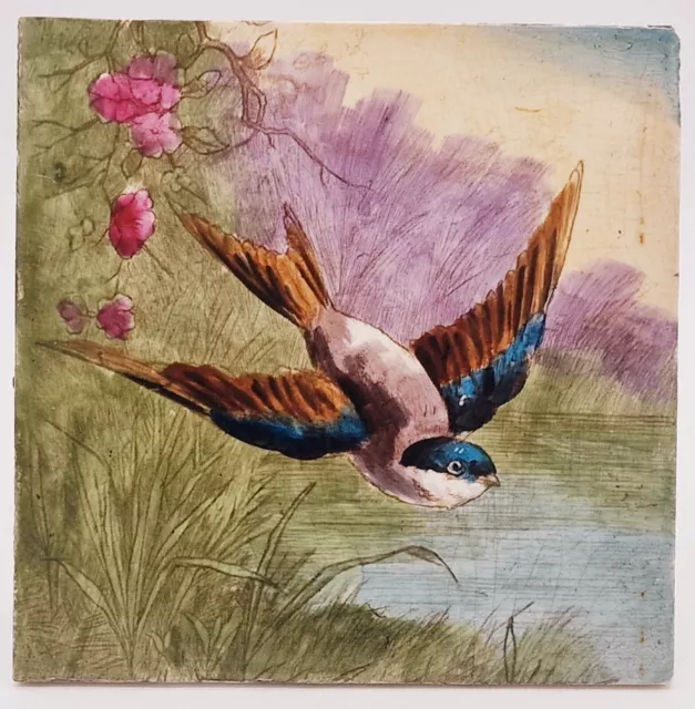 Antique Tile Hand Painted Swallow Bird Overglaze C1890