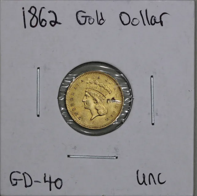 1862 (UNC Details) Gold Dollar G$1 (Type 3 Indian Princess Head)