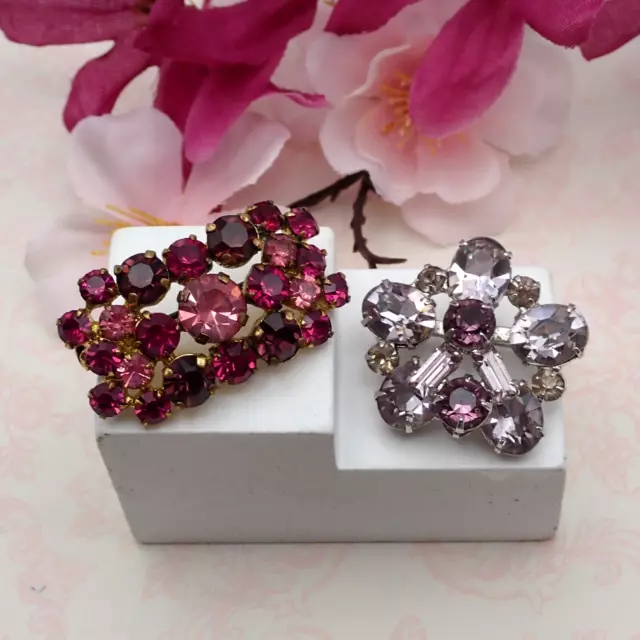 Pair of 2 VTG Pink Purple Clear Rhinestone Miniature Pin Brooches