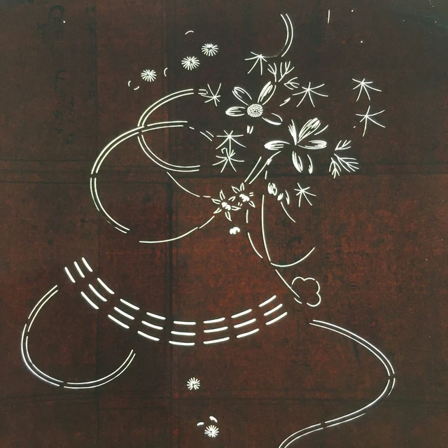 Antique Japanese Katagami Paper Kimono Stencil Katazome Flower and Ribbon Patter