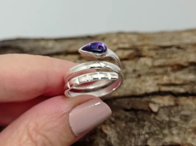 Purple abalone snake mexican ring ,Silver plated ring,iridescent ring,animal rin