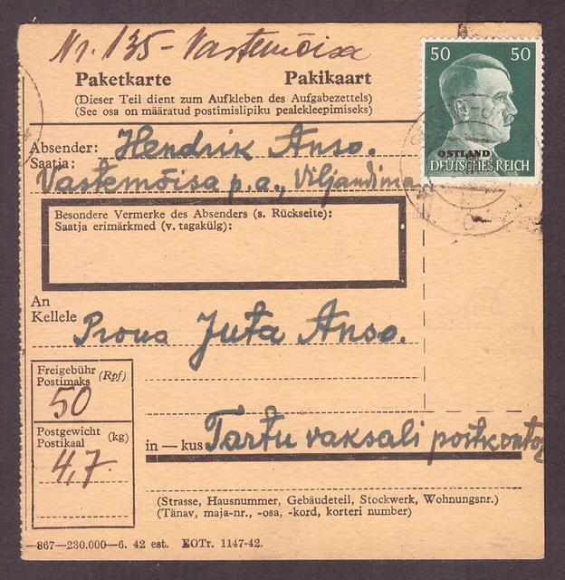 Ostland WW2 - Estland - Paketkarte Suure-Jaani nach Tartu - seltener kleiner Ort