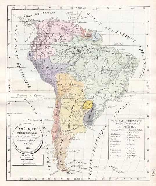 South America Südamerika Argentina Brasil Chile carte map Litho Selves 1834