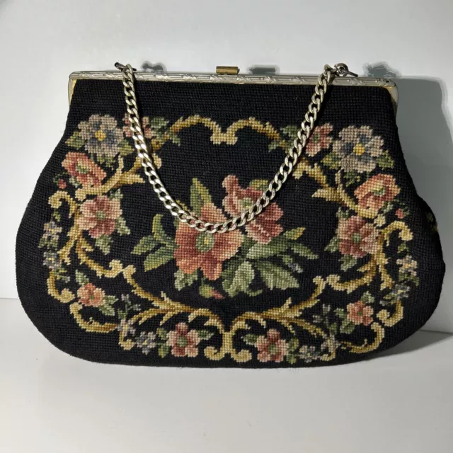 Large Black Pink Floral Needlepoint Tapestry Wool Purse Handbag Roses Vintage ￼