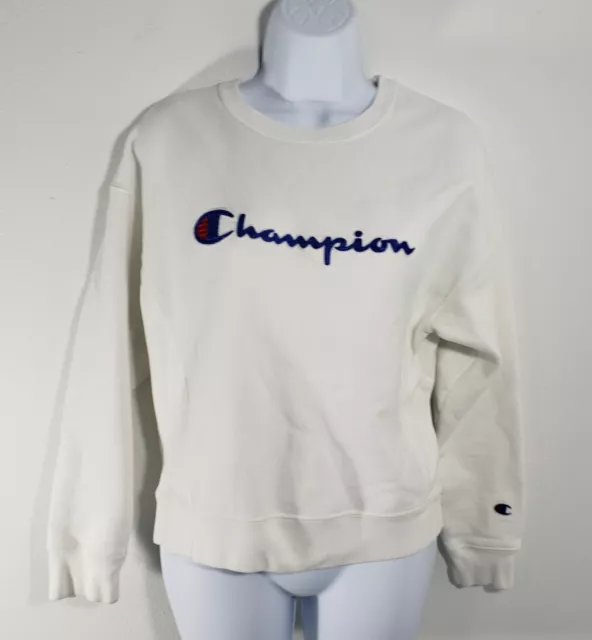 Champion Sweatshirt Womens Medium White Reverse Weave Crewneck Logo Spell Out