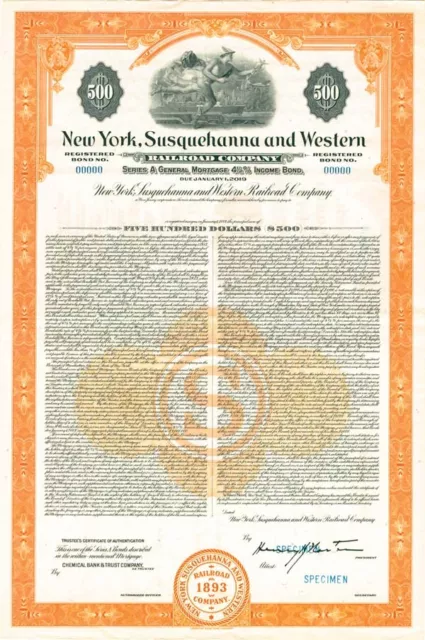 New York, Susquehanna and Western Railroad Co. - Specimen Bond - Railroad Bonds