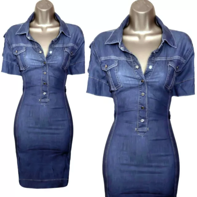 Karen Millen UK 10 (US 6)  STUNNING DARK BLUE STRETCH DENIM SHIRT DRESS