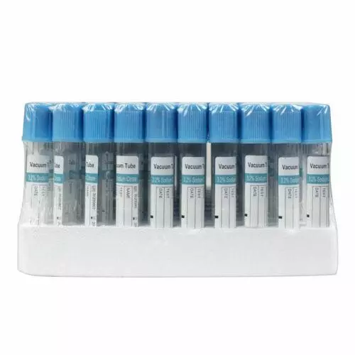 100 Medical Grade Blood Coagulation Tubes - Sterile Sodium Citrate Blue Cap