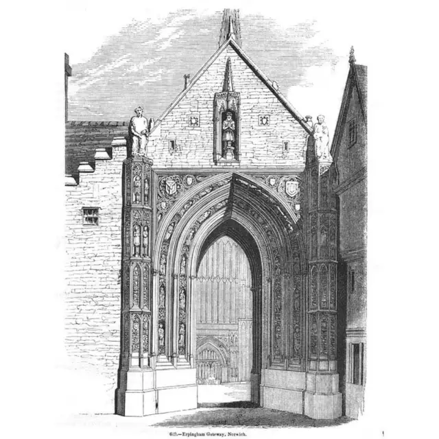 NORWICH The Erpingham Gateway - Antique Print 1845