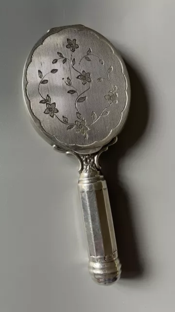 Ancien miroir à main argent massif avec poudrier et rouge à lèvres intégré