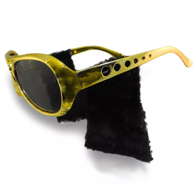 Elvis Presely Sunglasses with Sideburns Gold Costume Glasses Dark Lenses