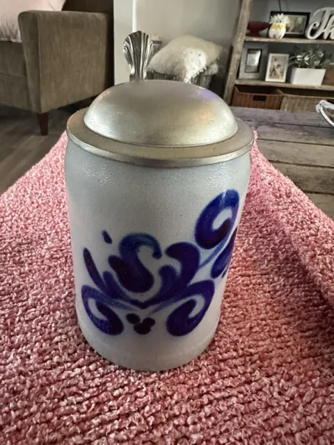 Vintage West Germany Stoneware .50 Liter German Stein Mug Tankard Blue Floral