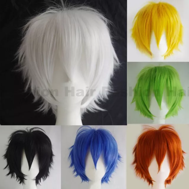 Women Mens Short Cosplay Hair Wig Straight Anime Party Costume Wig Blue Pink Red
