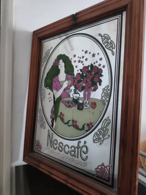 Large Vintage Nescafe Worldwide Advertising mirror in pine frame - Art Nouveau