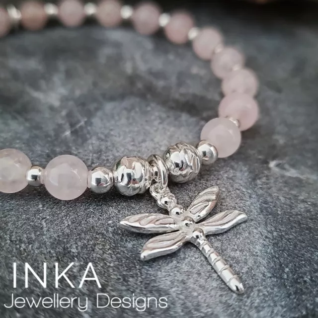 Inka 925 Sterling Silver & Rose Quartz Stacking Bracelet with Dragonfly Charm