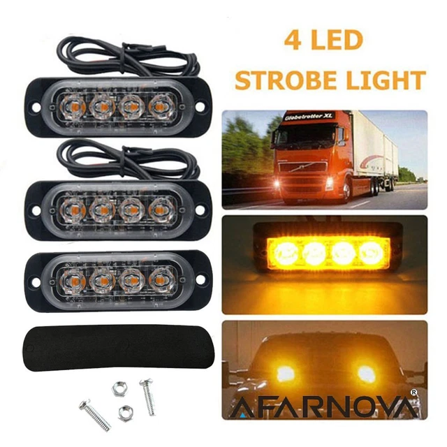 2X 4-LEDs Strobe Flashing Light Cars Breakdown Lamp Grill White Amber Red Blue