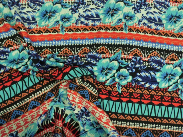 Challis Rayon Apparel Fabric Tropical Floral Aztec Aqua Blue Red White F406