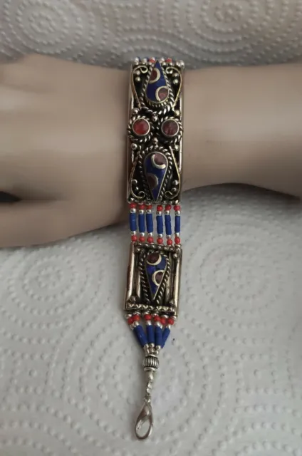 Asian Sterling Silver Bracelet women Tibetan Jewelry Lapis Coral Bracelet B50