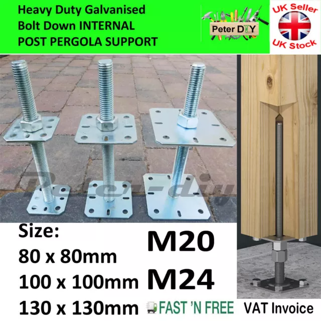 HEAVY DUTY Galvanised Bolt Down INTERNAL PERGOLA SUPPORT Adjustable Height:250mm