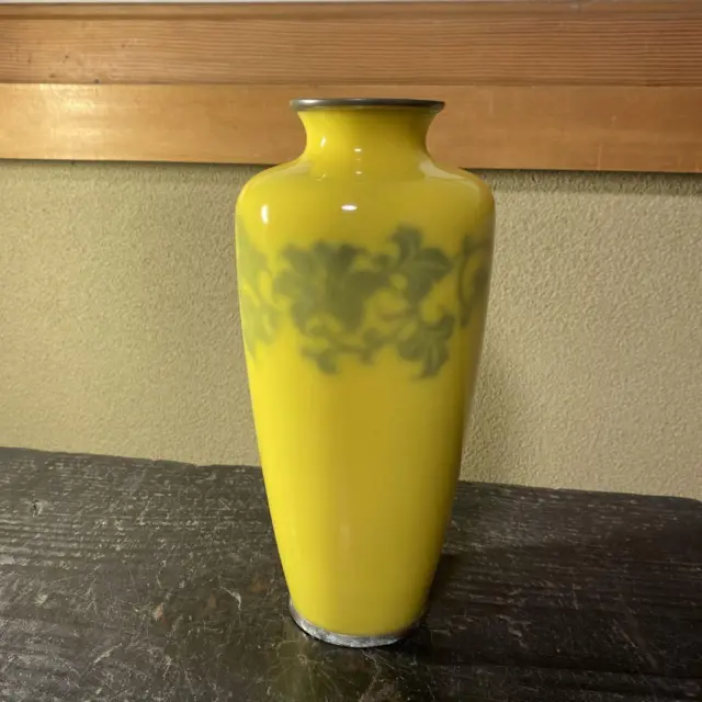 CLOISONNE ware Yellow Vase FLOWER LEAF Pattern 8.2 inch Antique Japanese