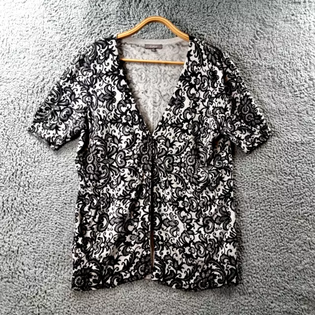 KATIES Womens Cardigan Top Size M Grey Black Paisley Knit Short Sleeve V-Neck