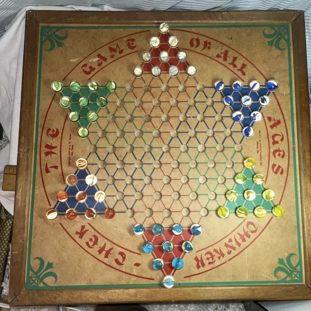 1937 Chinkerchek Wooden Game Board Chinese Checkers Vintage Brown Mfg