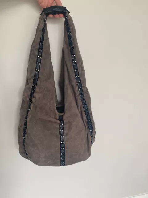 Gianfranco ferre taupe suede black leather chain detailed hobo shoulder bag