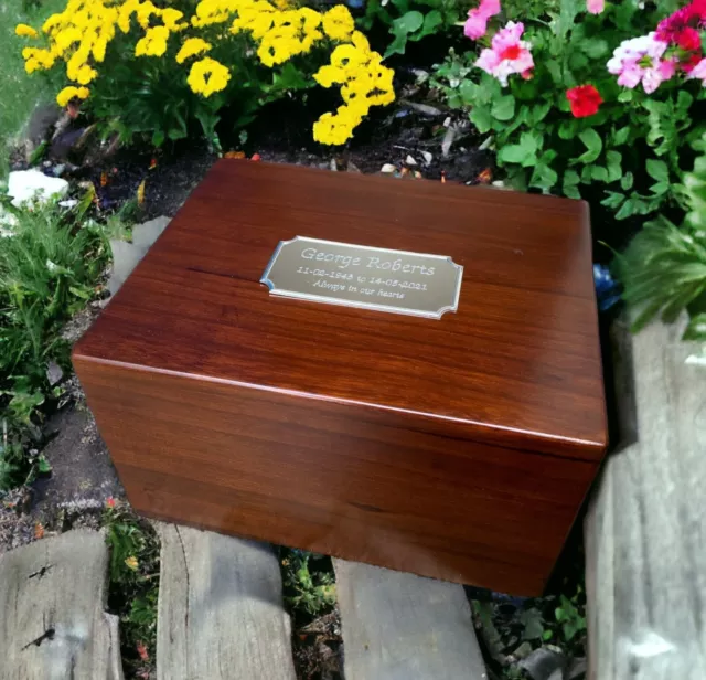 Personalised Engraved XL Teak Stain Human Memorial Ashes Urn Cremation Casket