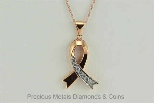 10k Rose Gold 19mm x 14mm Diamond Accented Awareness Ribbon 18" Matching Chain