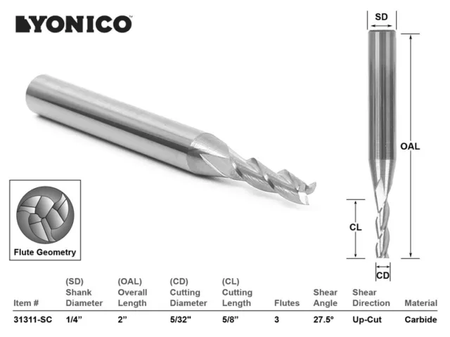 5/32" Dia. Upcut Spiral End Mill CNC Router Bit - 1/4" Shank - Yonico 31311-SC