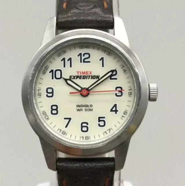 Timex Expedition Watch Women Indiglo Silver Tone 50M Leather New Battery 2017