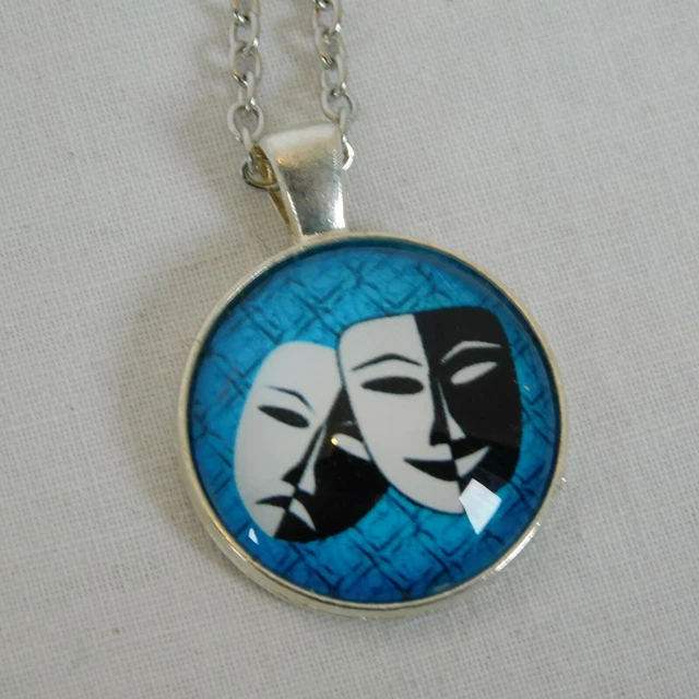 Comedy Tragedy Masks Theatre Blue Silver Tone Cabochon Pendant Chain Necklace Rd Comedy Tragedy Masks Theatre Blue Silver Tone Cabochon Pendant Chain Necklace Rd