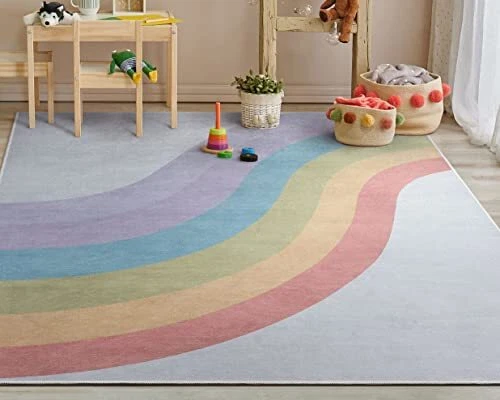 Kids Rugs Rainbow 3'3" x 5' Multi Color Modern Printed Machine Washable Area